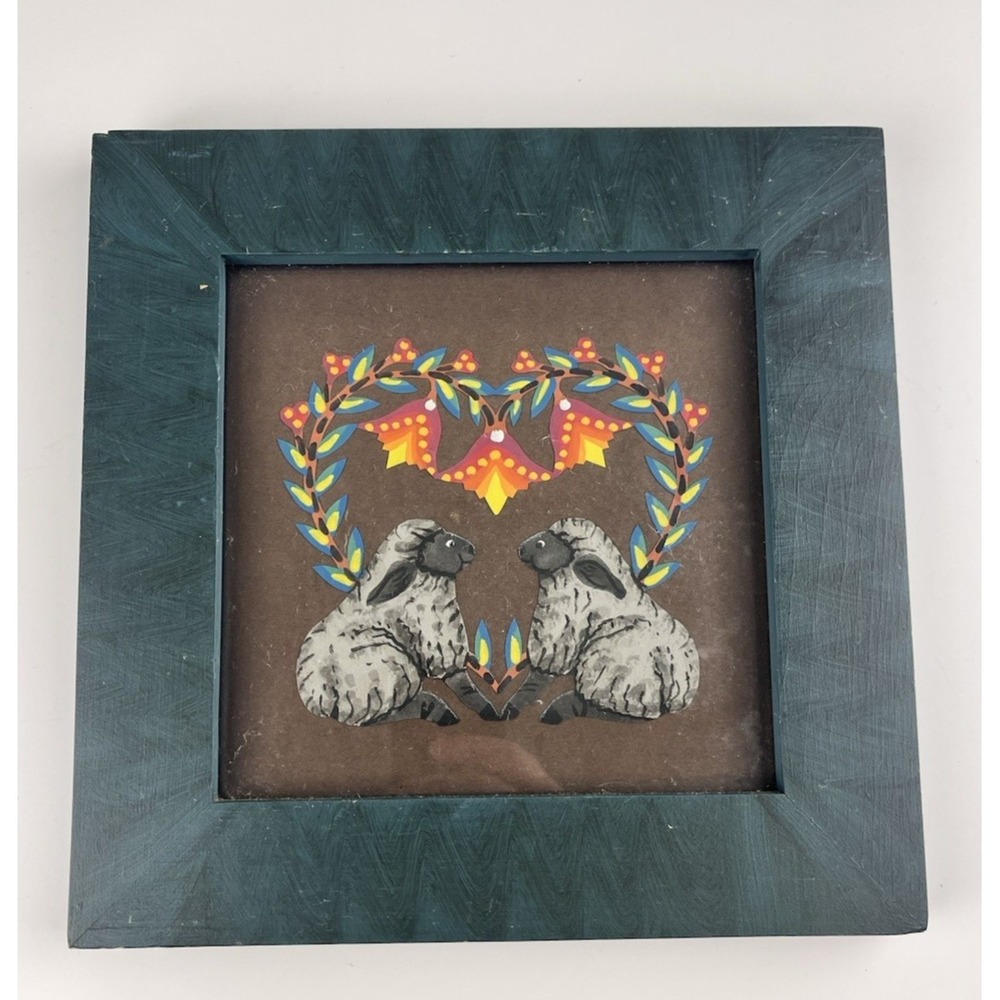 Folk Art Sheep Linda Hale Hand Painted Scissor Cut Scherenschnitte Heart Framed